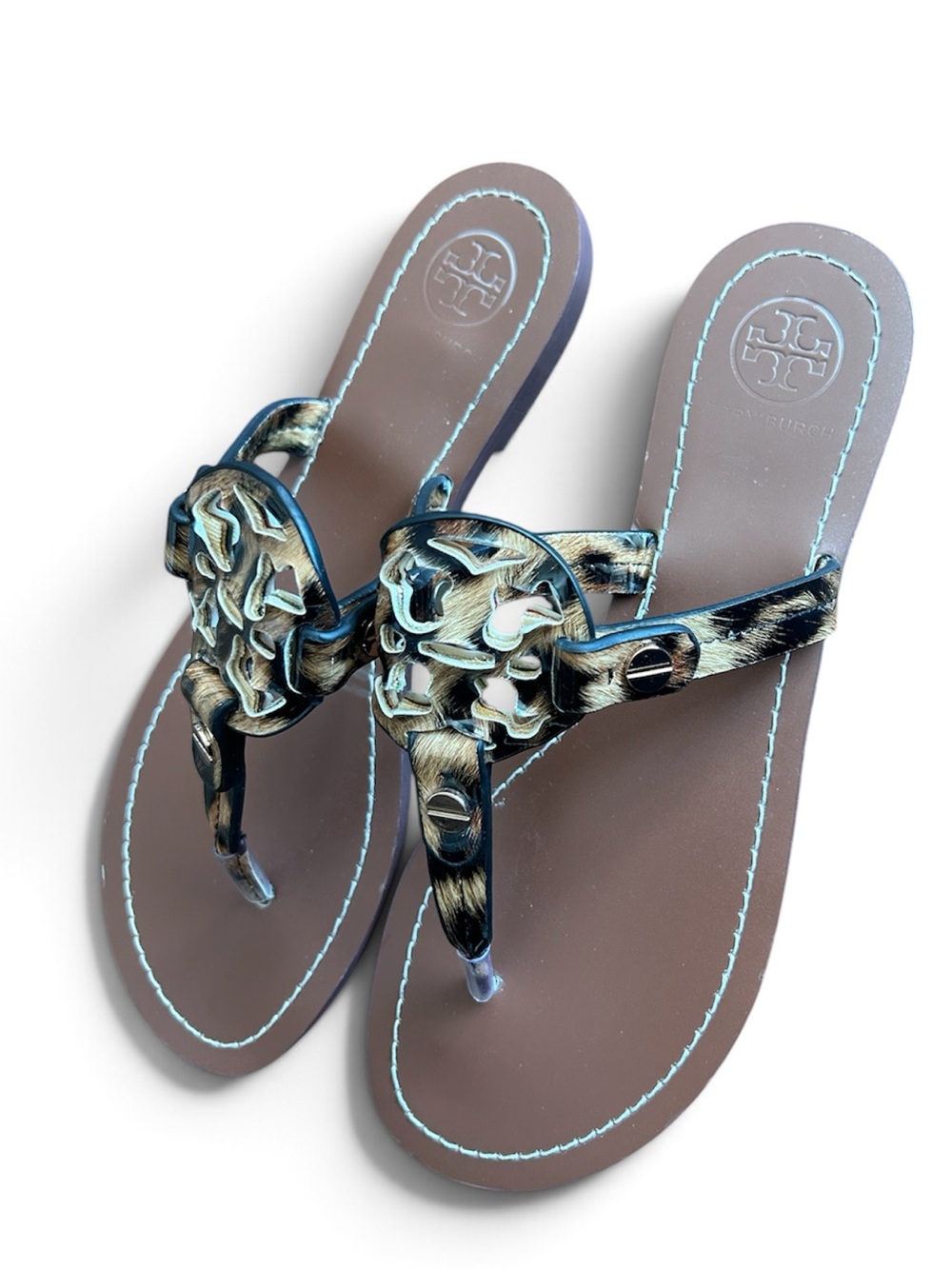 Tory Burch Brown Patterned Logo Thong Sandals with Light Blue Stitching